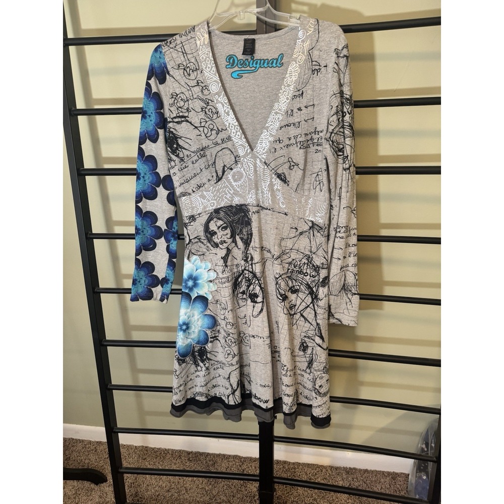 Desigual Womens XL Dress Sketchbook Graffiti Art Faces Blue Floral Long Sleeve